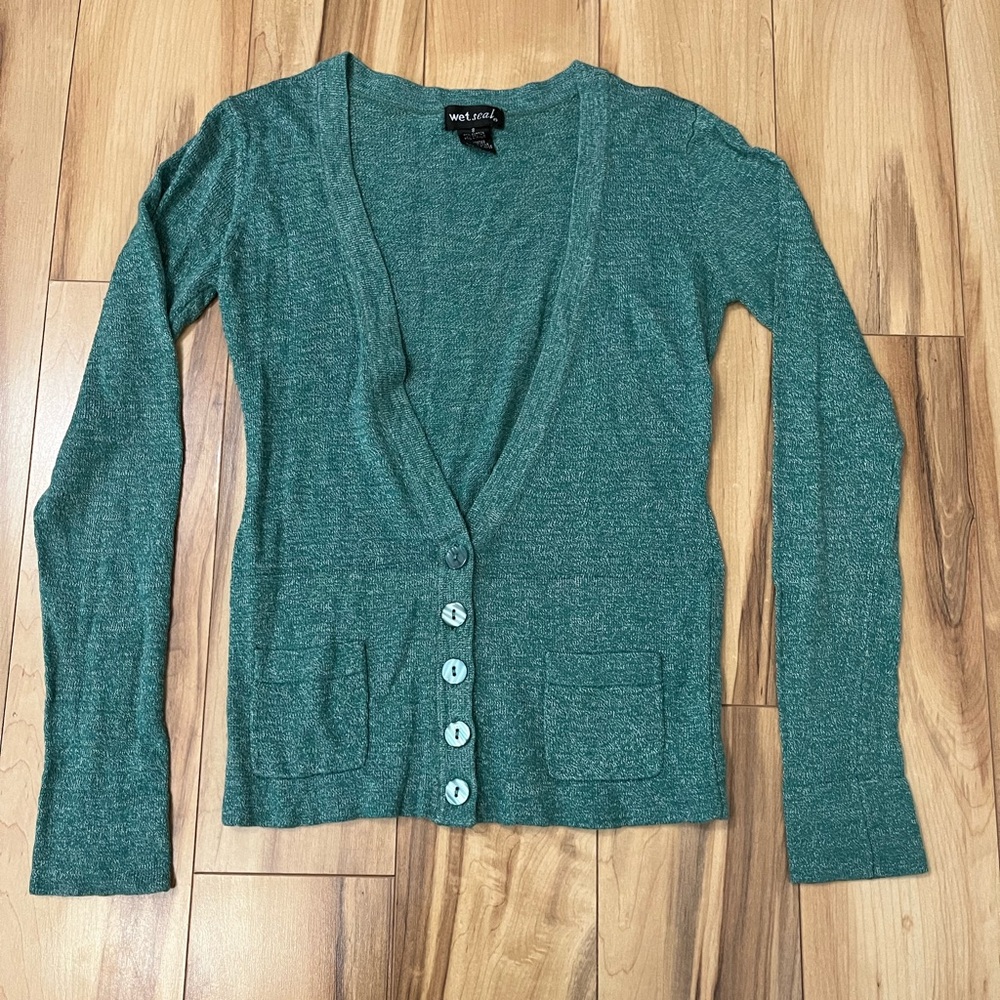 Y2K Wet Seal Green Knit Button Up Cardigan Sweater Women’s Size Small